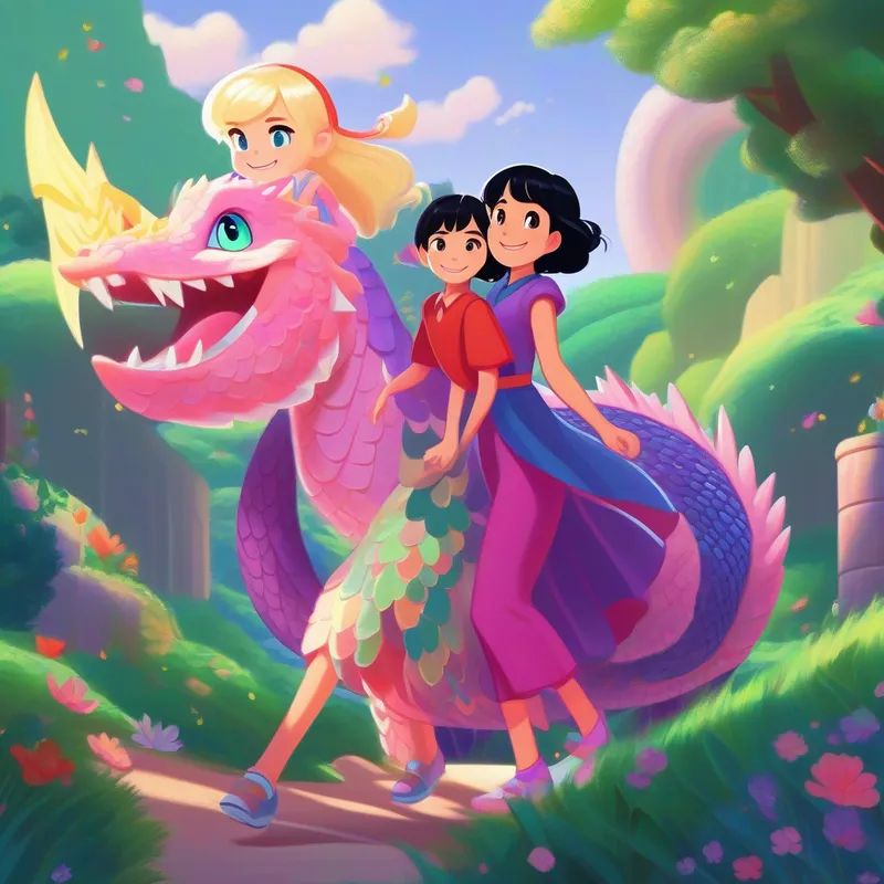 Enna: Blonde hair, happy smile, purple dress, blue shoes carries Sparkle the Dragon: Shiny scales, red wings, friendly eyes on her back while Lili: Black hair, curious eyes, pink shirt, green pants leads the way.