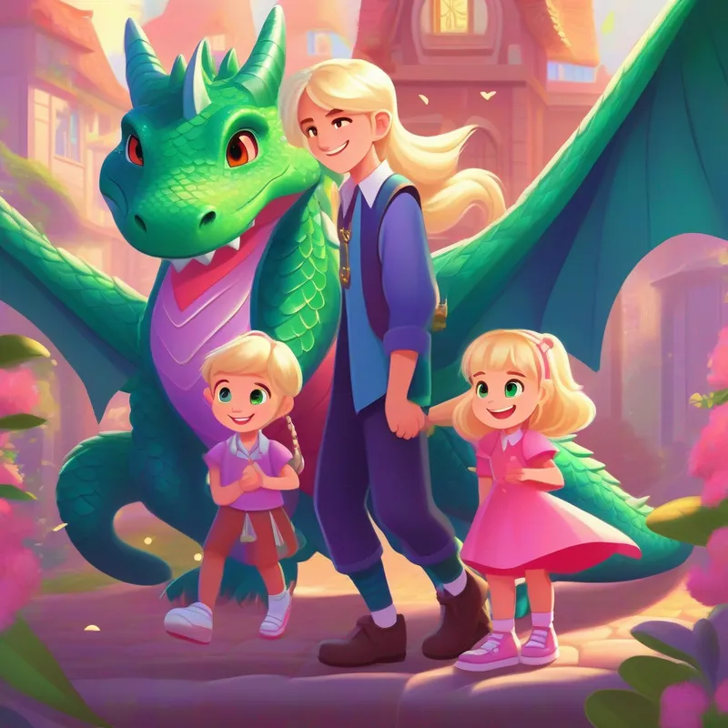 Sparkle the Dragon: Shiny scales, red wings, friendly eyes's family gives Enna: Blonde hair, happy smile, purple dress, blue shoes and Lili: Black hair, curious eyes, pink shirt, green pants a magical honesty necklace.