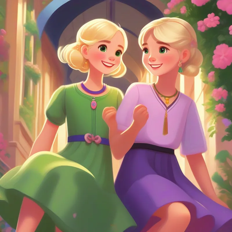 Enna: Blonde hair, happy smile, purple dress, blue shoes and Lili: Black hair, curious eyes, pink shirt, green pants wear the honesty necklace and promise to be honest.