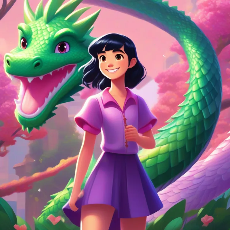 Enna: Blonde hair, happy smile, purple dress, blue shoes, Lili: Black hair, curious eyes, pink shirt, green pants, and Sparkle the Dragon: Shiny scales, red wings, friendly eyes have adventures and promote honesty.