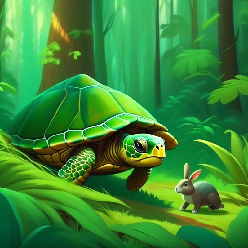 Green forest with a Green turtle with a wise expression and a Brown rabbit with fast-looking legs.