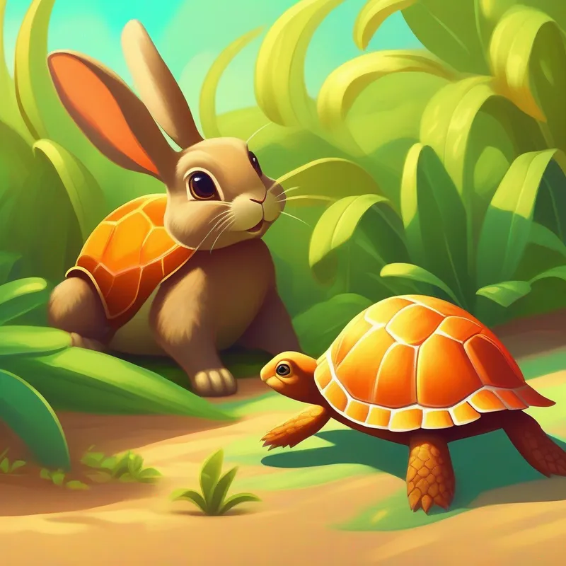 Bright sun with a Brown rabbit with fast-looking legs and a Green turtle with a wise expression talking.