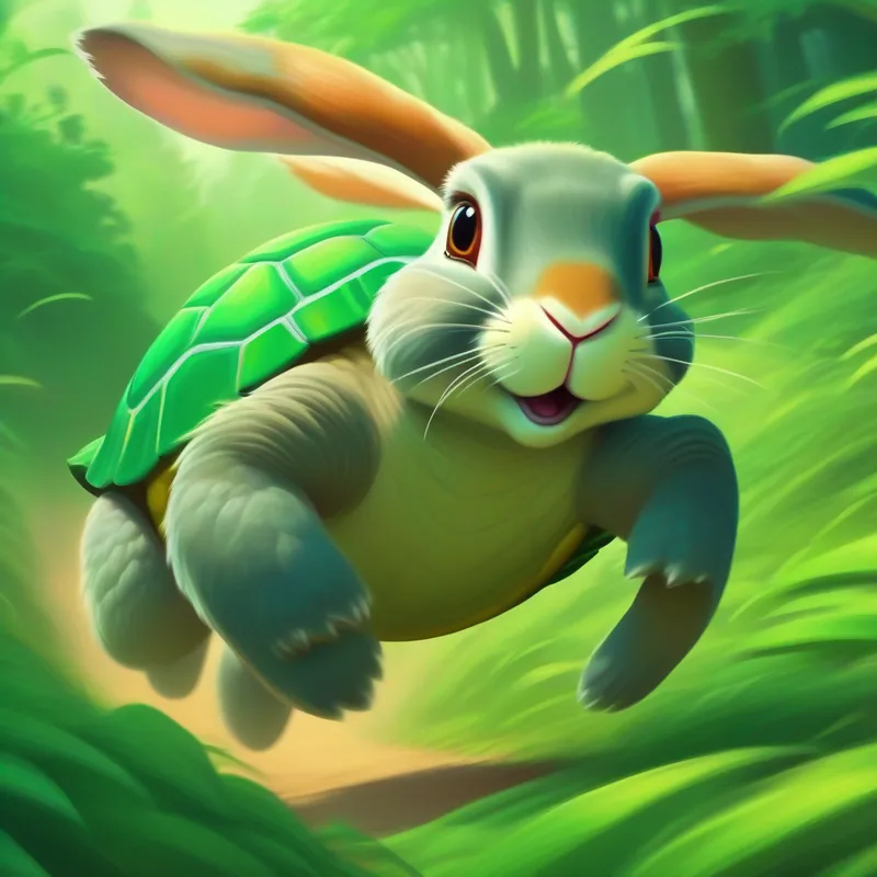 Rabbit running fast while the Green turtle with a wise expression is moving slowly.