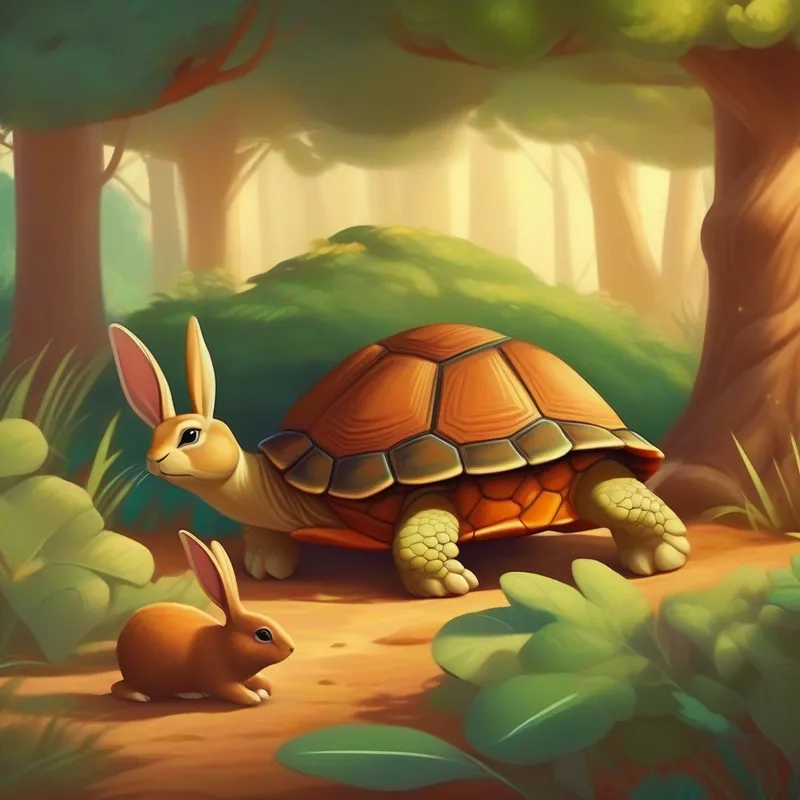 Turtle continuing to plod forward while Brown rabbit with fast-looking legs sleeps under a tree.