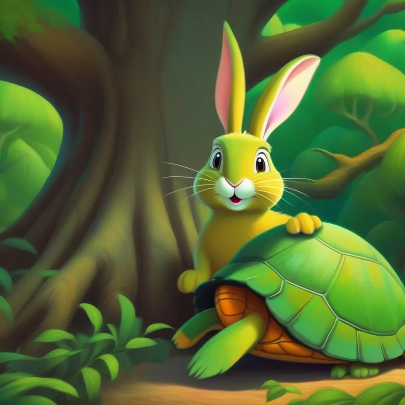 Rabbit looking surprised while Green turtle with a wise expression waits at the big tree.