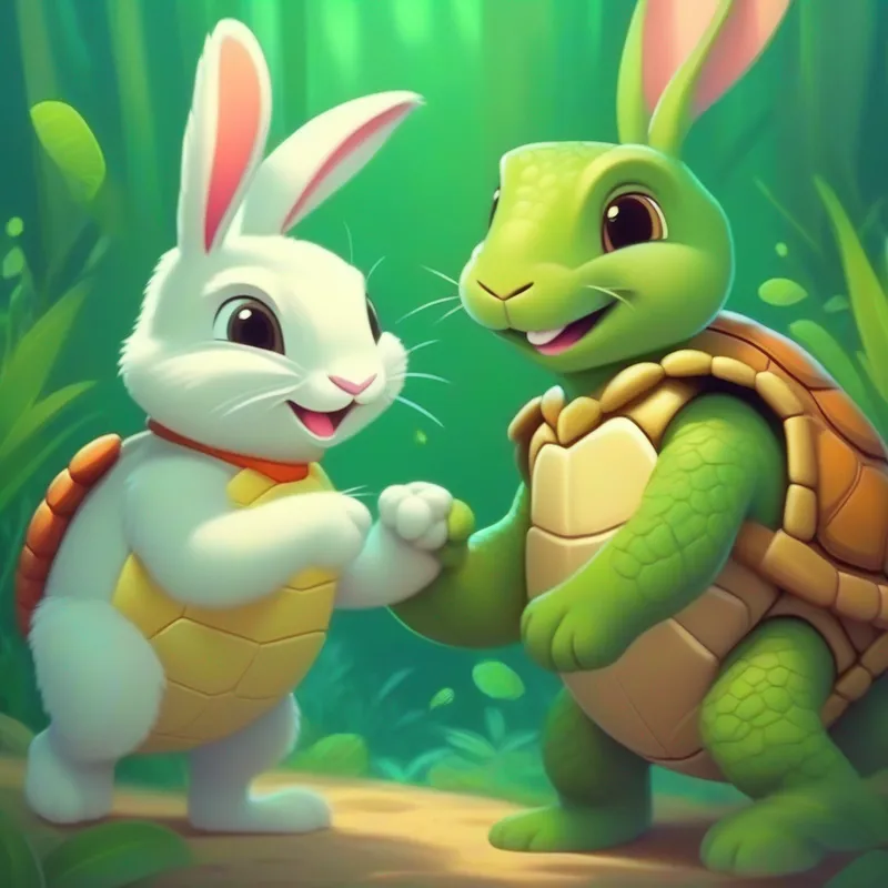 Rabbit and Green turtle with a wise expression happily together, smiling and shaking hands.