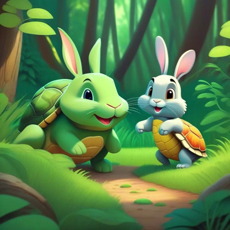Rabbit and Green turtle with a wise expression exploring the forest together, smiling and talking.