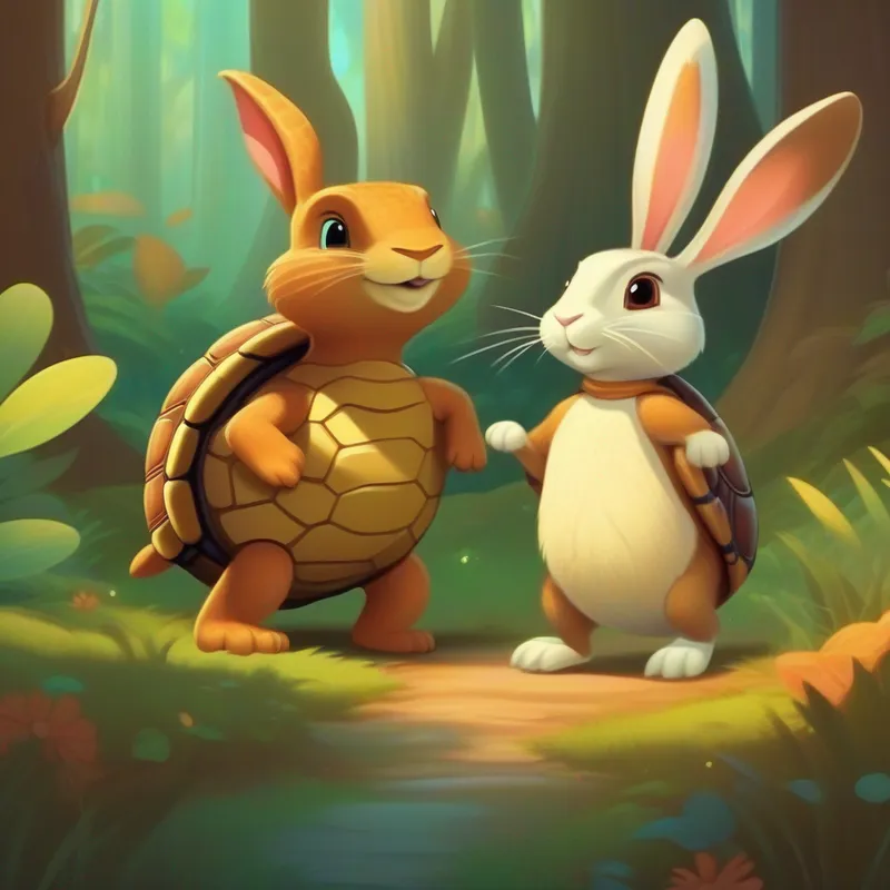 Turtle and Brown rabbit with fast-looking legs living happily together in the magical forest.