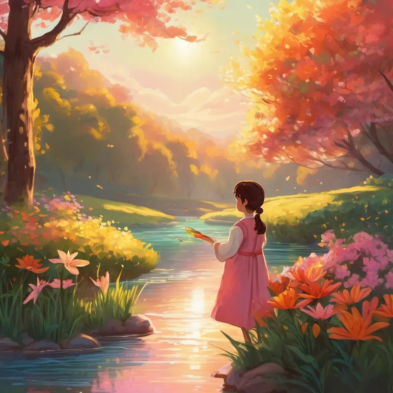 Ethan closed his eyes, his mind filled with wonder. He imagined a color that was as bright as the sun, as warm as a hug, and as gentle as a butterfly's wings. As he thought of this color, something magical happened. Lily gently touched the water with her fingertips, and instantly, the river began to shimmer with the color that Ethan had imagined. The water transformed into a mesmerizing blend of gold, pink, and orange, as if a rainbow had fallen from the sky and landed in the river.