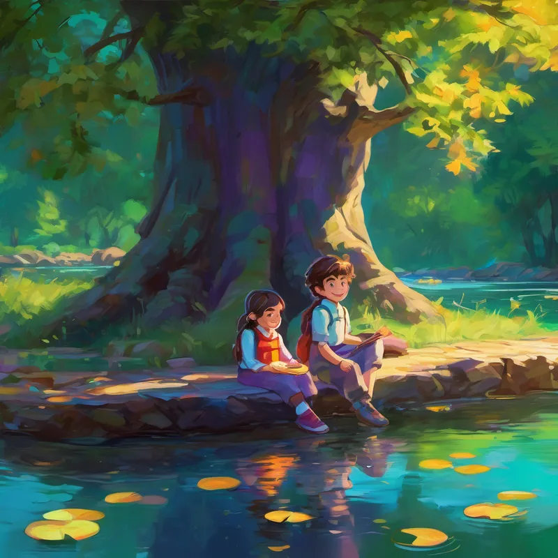 Ethan's eyes widened with amazement as he saw the colors dance on the water. Lily smiled, for she knew that her friend, too, had a special gift. Together, they sat by the river's edge, giggling and sharing their colorful visions. From that day forward, Lily and Ethan embarked on countless adventures to explore the hidden colors of their town. They discovered that the old oak tree had leaves that changed from emerald green to vibrant purple, depending on the time of day. They found that each child in the park emitted a unique aura of colors when they laughed, twirled, or jumped.