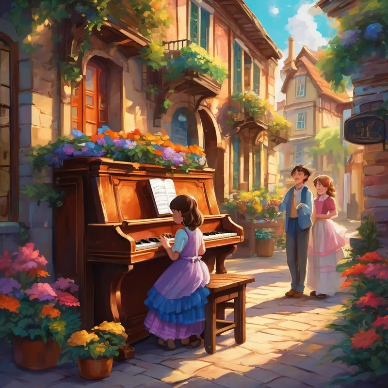 The people of the town soon began to notice these two friends, and instead of being puzzled by Lily's gift, they marveled at the beauty she brought into their lives. The townspeople gathered around the old piano in awe as Lily closed her eyes and played the keys, painting the town with a symphony of colors. The music filled their hearts with joy, and the world around them seemed to come alive with hues nobody had ever seen before. With her gift, Lily inspired others to see the world in a different light. She taught them that colors were not merely shades and pigments, but expressions of emotions, hopes, and dreams. And so, the once quaint little town was transformed into a vibrant tapestry of colors and joy, all thanks to the magical gift of a young girl named Lily.