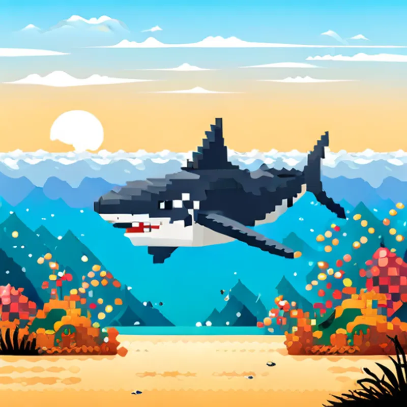 Sam the shark swimming in a big blue ocean
