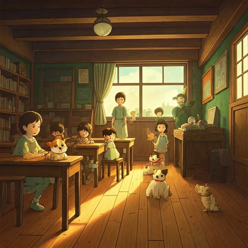 Colorful classroom scene, kids and puppies, joyful chaos