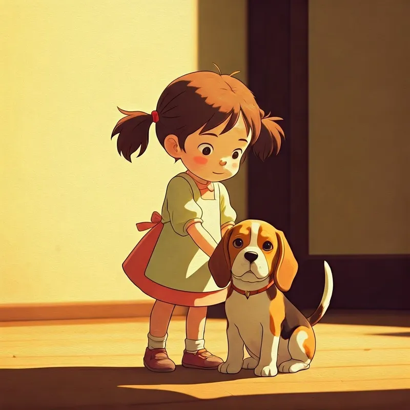 Girl with pigtails holding a beagle puppy, tail wagging