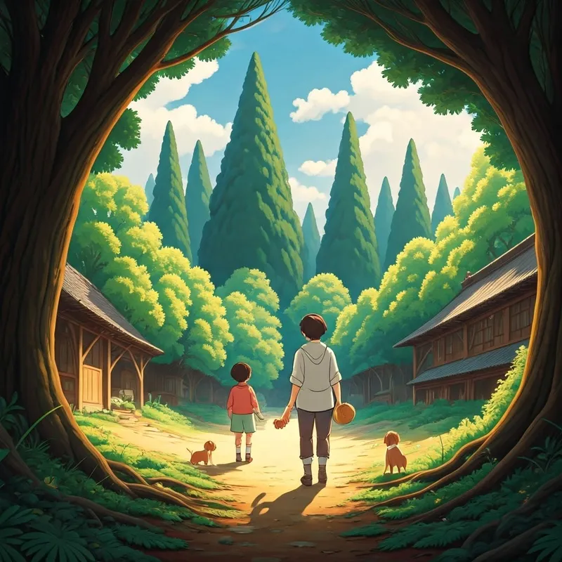 Colorful end-of-story illustration with puppies and kids