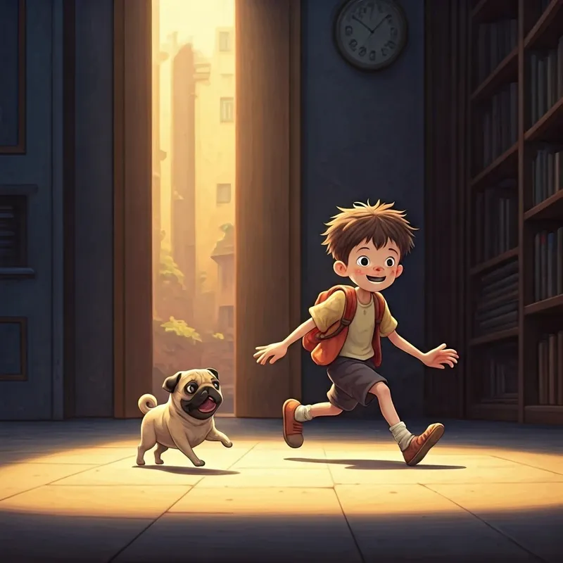 Boy with freckles and missing tooth, chasing a playful pug puppy
