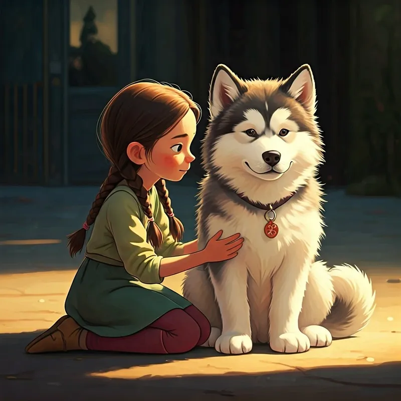 A girl with braids, gently petting a large malamute puppy