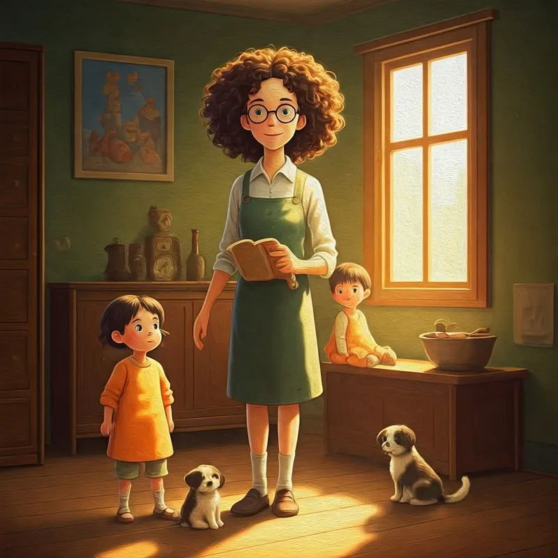 Teacher with curly hair and glasses, surrounded by kids and puppies