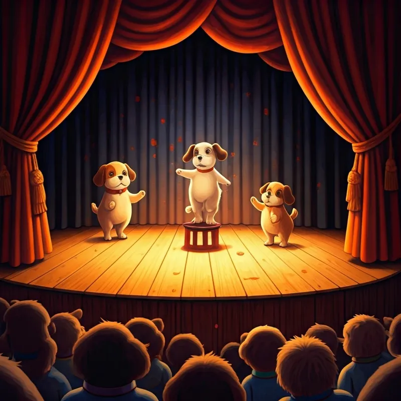 Puppies on a stage, one doing a trick, others watching