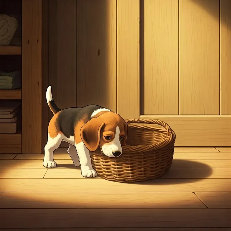 Beagle puppy sniffing a basket, tail wagging excitedly