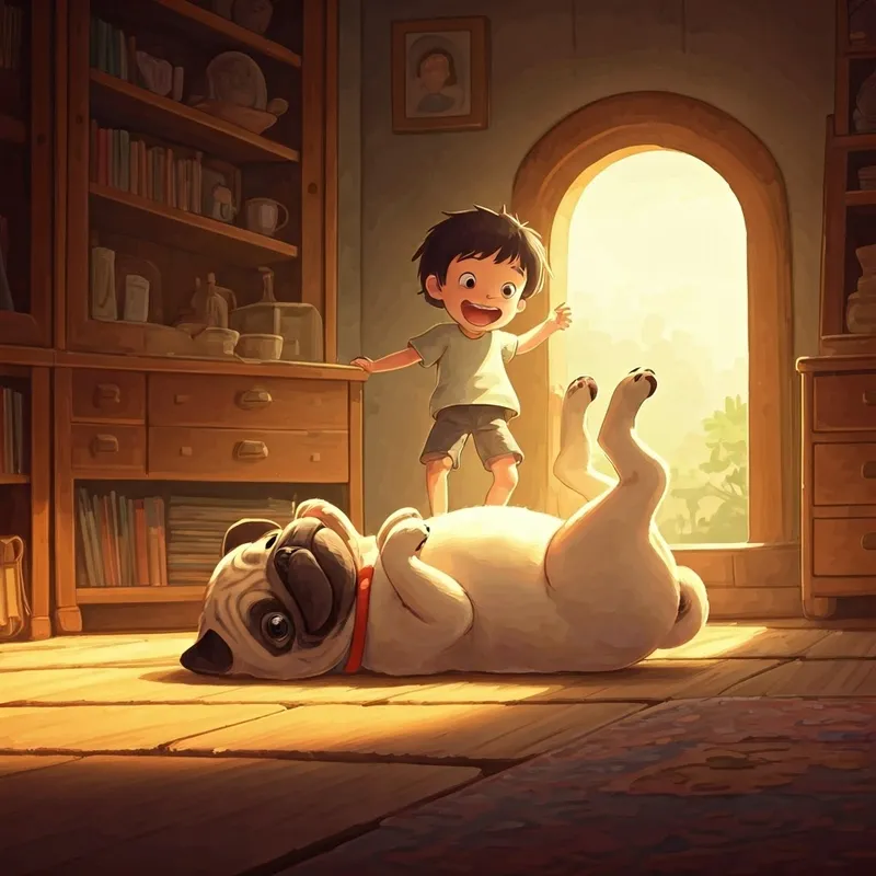 Pug puppy rolling on its back, tongue out, kids laughing