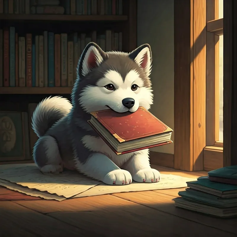 Malamute puppy gently holding a book in its mouth