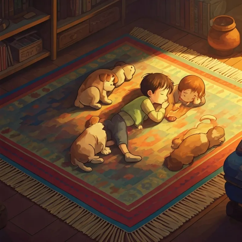 Kids and puppies napping together on a colorful rug