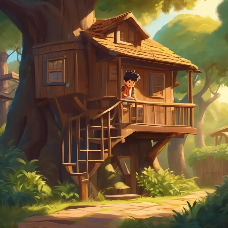 Curious boy, tan skin, dark brown eyes, adventurous spirit, longing for treehouse in backyard, sunny day.