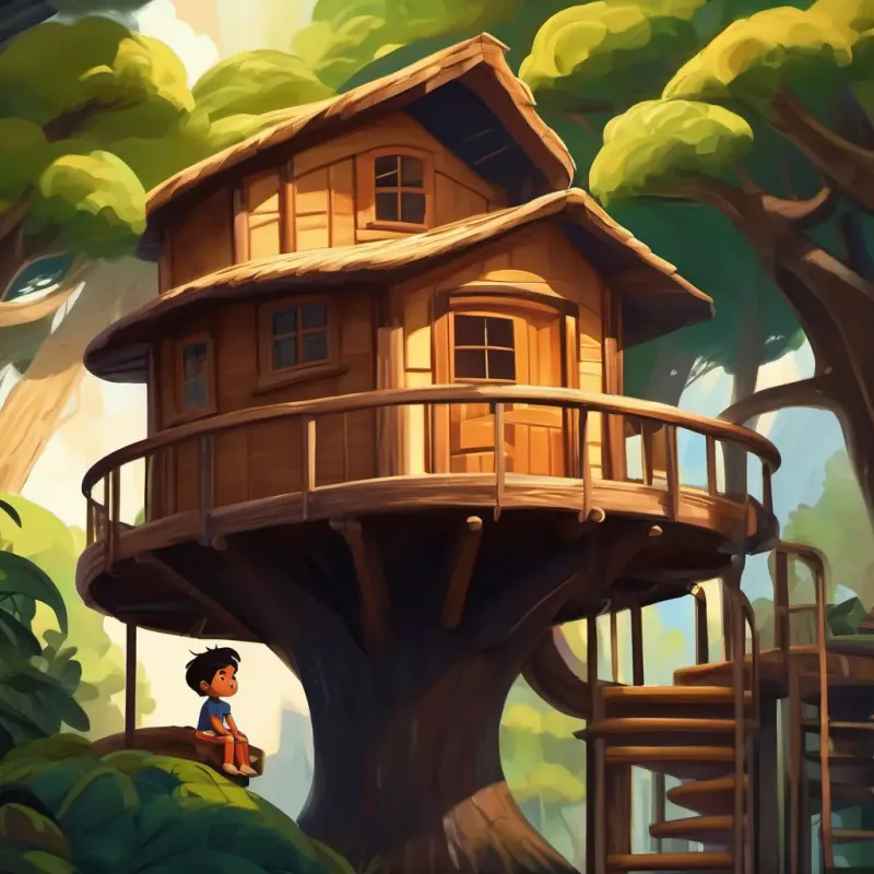 Curious boy, tan skin, dark brown eyes, adventurous spirit dreaming about activities in his future treehouse.