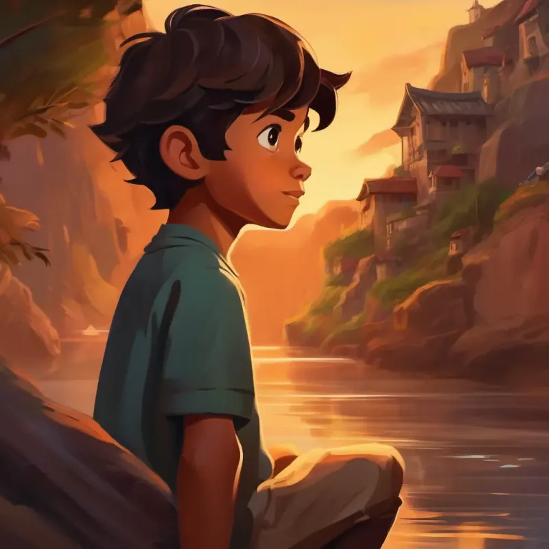 Curious boy, tan skin, dark brown eyes, adventurous spirit reflecting on future possibilities and adventures.
