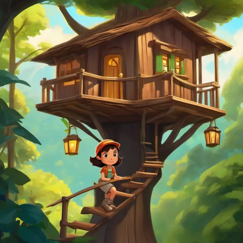Creative girl, fair skin, green eyes, skilled builder offering to help Curious boy, tan skin, dark brown eyes, adventurous spirit build the treehouse.