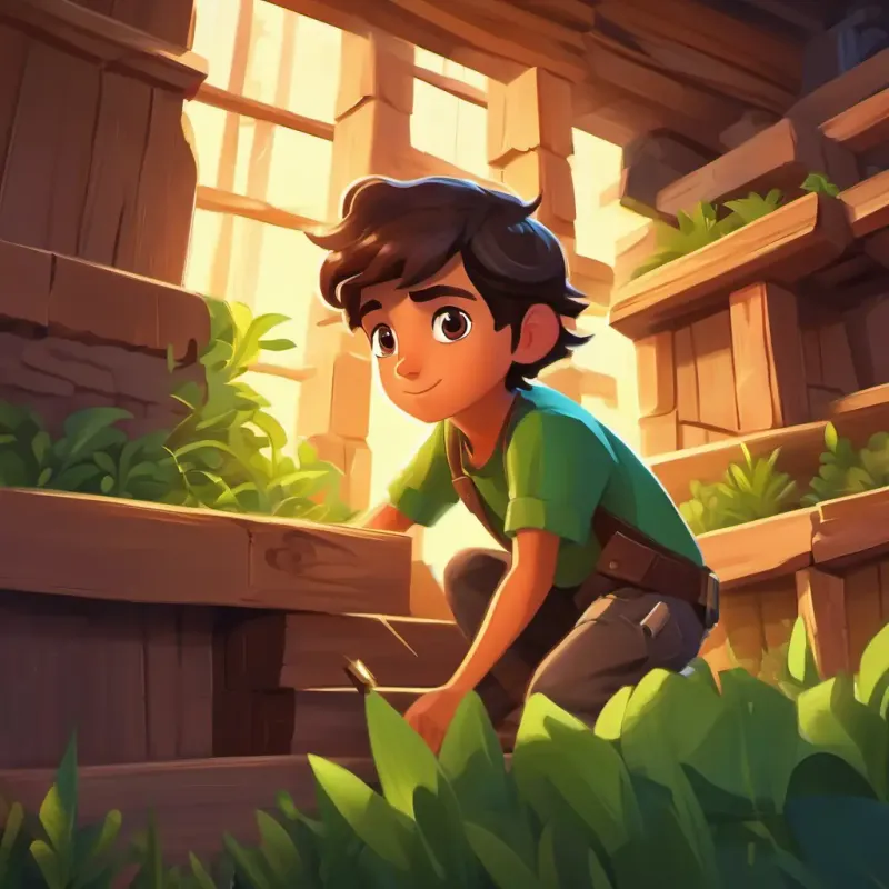 Curious boy, tan skin, dark brown eyes, adventurous spirit hammering, Creative girl, fair skin, green eyes, skilled builder measuring, starting building together.
