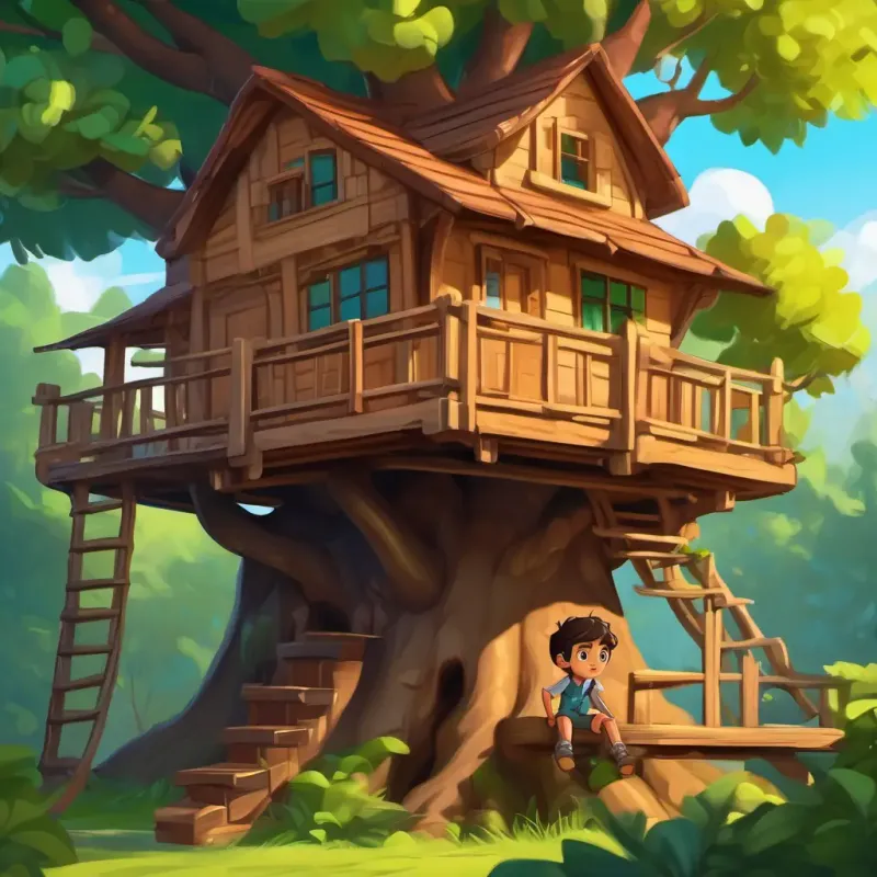 Curious boy, tan skin, dark brown eyes, adventurous spirit and Creative girl, fair skin, green eyes, skilled builder admiring the completed treehouse.