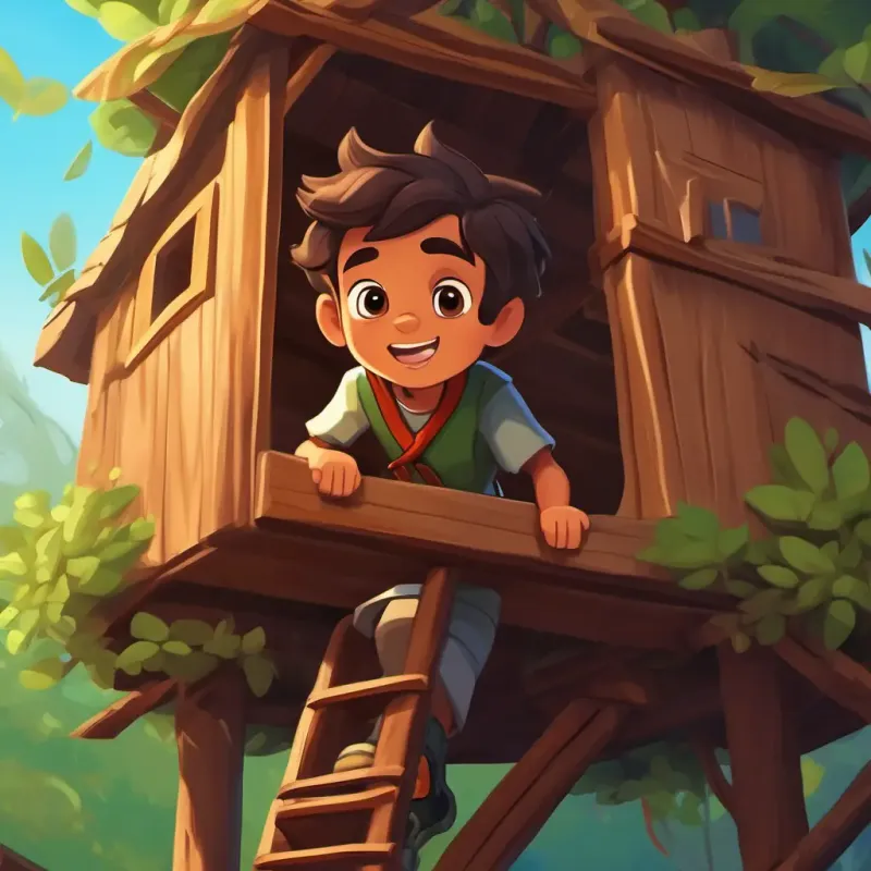 Curious boy, tan skin, dark brown eyes, adventurous spirit's first ascent into the new treehouse.