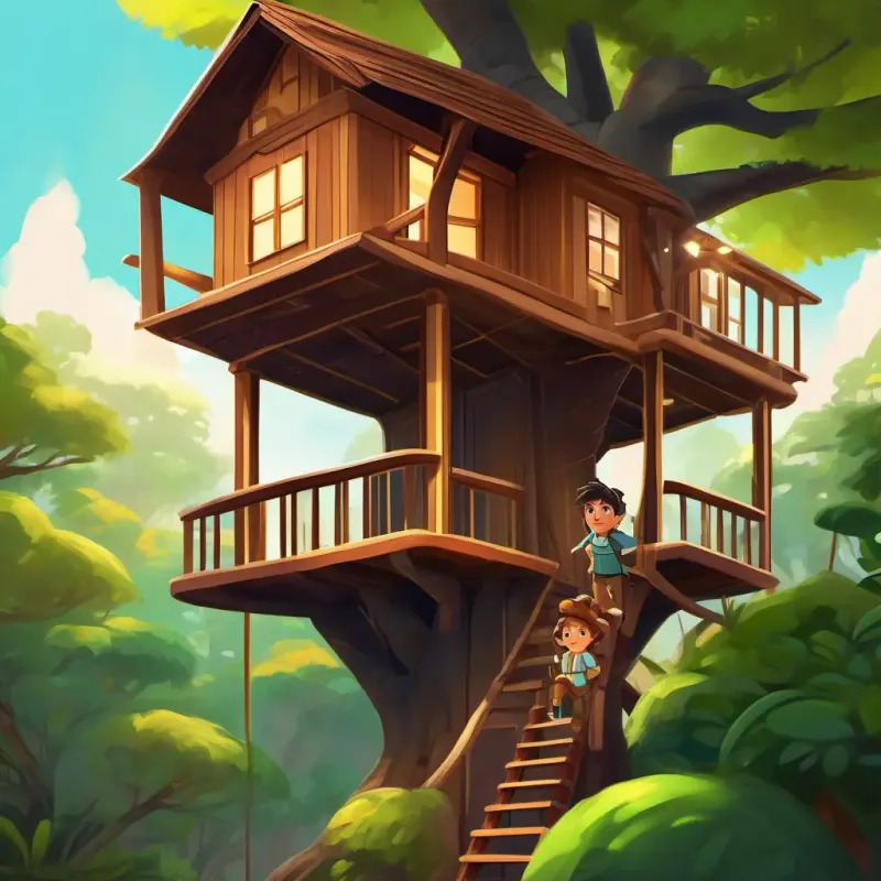 Curious boy, tan skin, dark brown eyes, adventurous spirit and Creative girl, fair skin, green eyes, skilled builder celebrating in the treehouse, cozy interior.