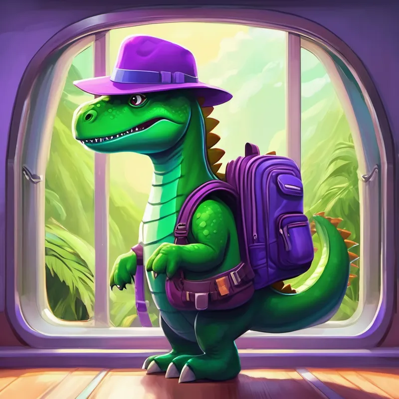 Green dinosaur with a purple backpack and hat. in a spaceship, looking out the window