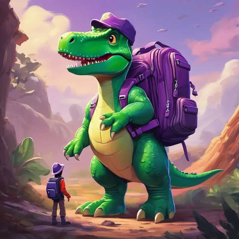 Green dinosaur with a purple backpack and hat. looking at the broken spaceship engine