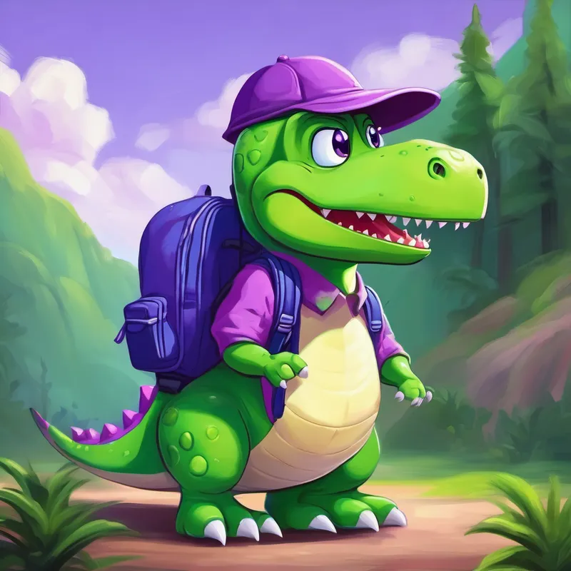 Green dinosaur with a purple backpack and hat. scratching its head, looking confused