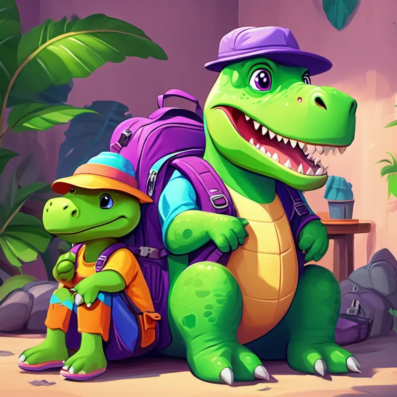 Green dinosaur with a purple backpack and hat. and its friends sitting together, thinking
