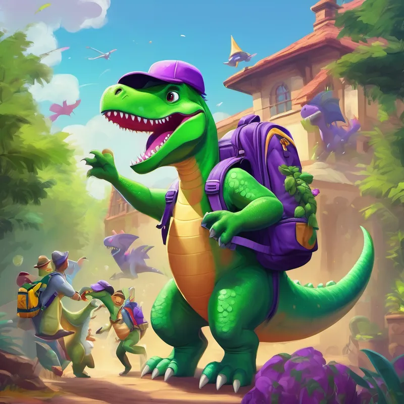 Green dinosaur with a purple backpack and hat. and its friends celebrating, engine working again