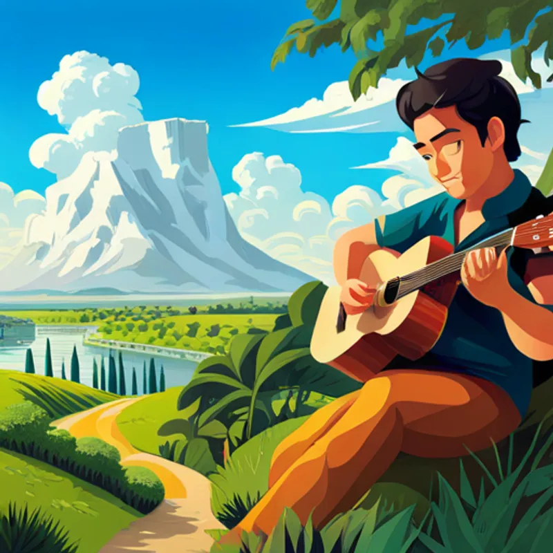 Juan dibujando un paisaje y tocando la guitarra