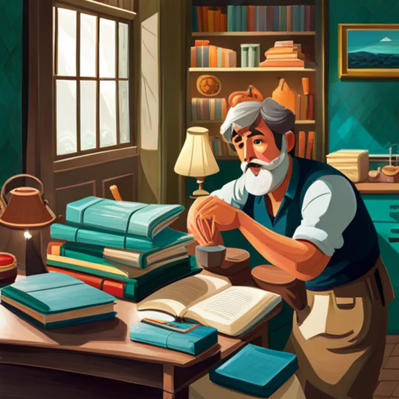 Juan escribiendo y rodeado de sus personajes de cuentos