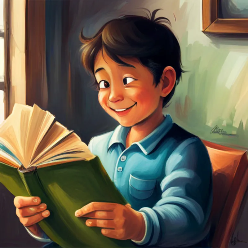 Juan sonriendo mientras muestra su libro de cuentos a otros niños