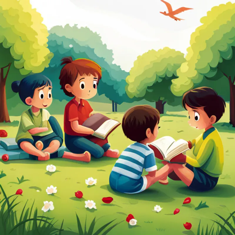 Juan leyendo su libro de cuentos a un grupo de niños en el parque