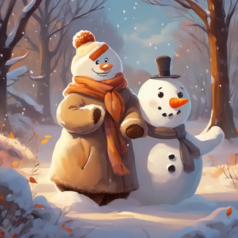 In the snowy garden, Theo is a light brown teddy bear with big brown button eyes and a soft, fluffy fur coat and Frosty is a plump snowman with a carrot nose, coal eyes, and a big friendly smile had a fun snowball fight, laughing and playing.