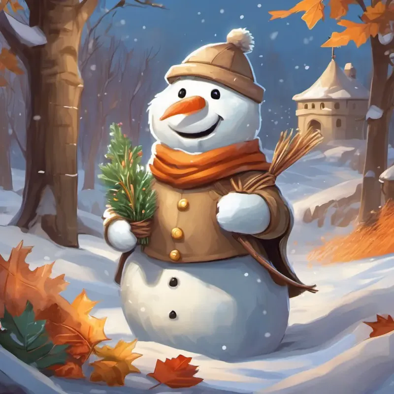 In the snow fort, Theo is a light brown teddy bear with big brown button eyes and a soft, fluffy fur coat and Frosty is a plump snowman with a carrot nose, coal eyes, and a big friendly smile pretend to be brave knights, ready to defend their castle.