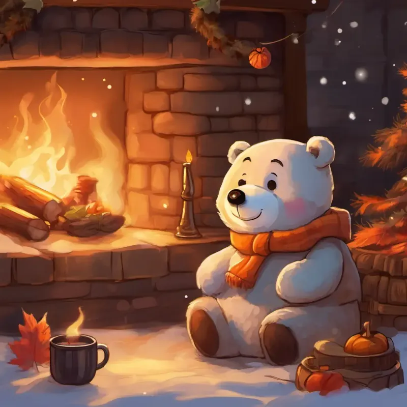 By the warm fireplace, Theo is a light brown teddy bear with big brown button eyes and a soft, fluffy fur coat and Frosty is a plump snowman with a carrot nose, coal eyes, and a big friendly smile snuggled up, sipping hot chocolate and telling stories.