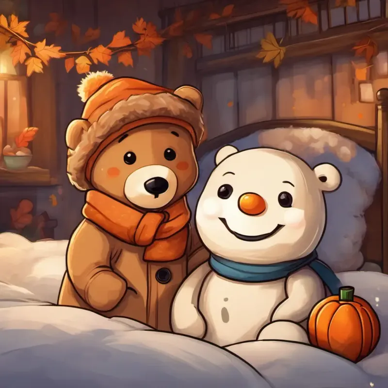 Snuggled in bed, Theo is a light brown teddy bear with big brown button eyes and a soft, fluffy fur coat and Frosty is a plump snowman with a carrot nose, coal eyes, and a big friendly smile hug each other, promising to have more adventures tomorrow.