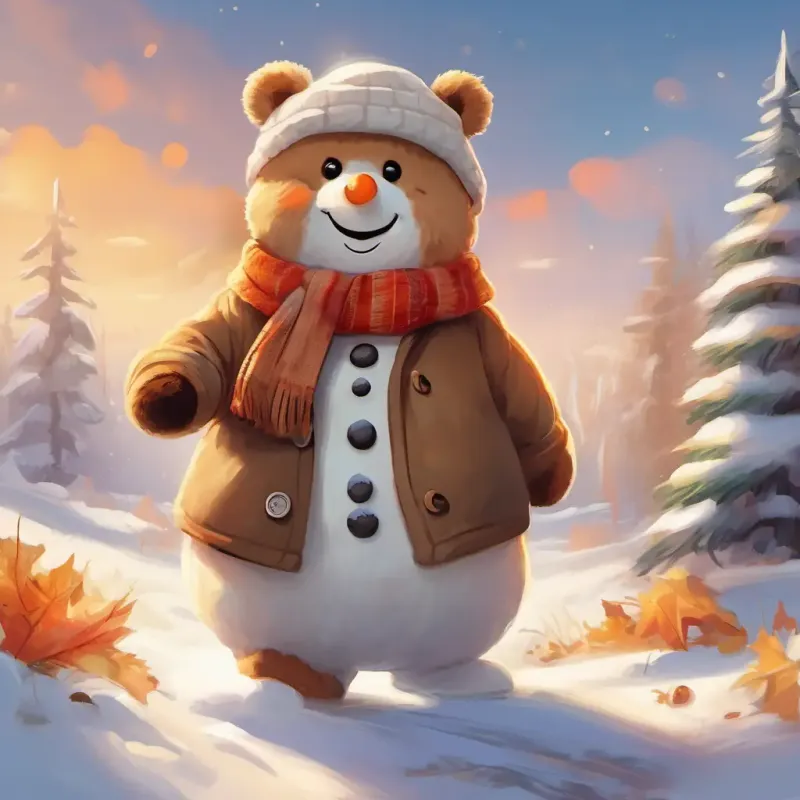 In the sunny morning, Theo is a light brown teddy bear with big brown button eyes and a soft, fluffy fur coat and Frosty is a plump snowman with a carrot nose, coal eyes, and a big friendly smile smile, ready to explore the snowy wonderland together.