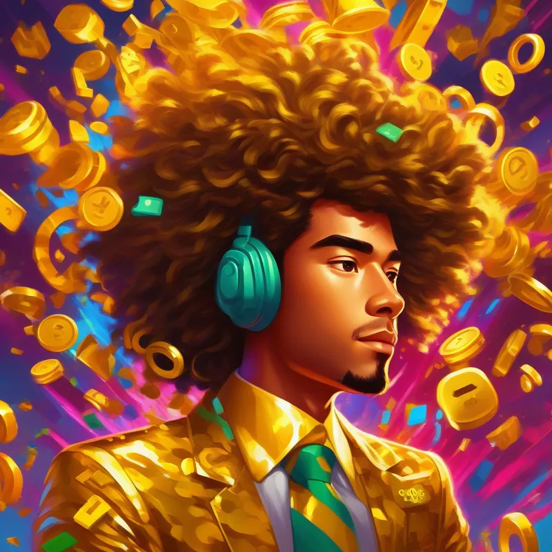 Vibrant colors continue as Energetic and curious with wild, untameable hair - always ready to learn approaches the confident Wearing a golden suit covered in dollar signs - confident and knowledgeable.